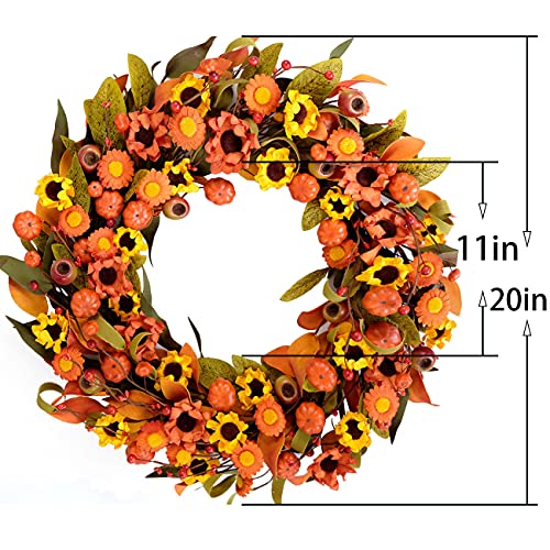 Bibelot Fall Wreath Artificial Pumpkin Wreath Green Leaves for Front Door Autumn Wreaths Farmhouse Home Office Wedding Party Wall Decor … (Pumpkin)