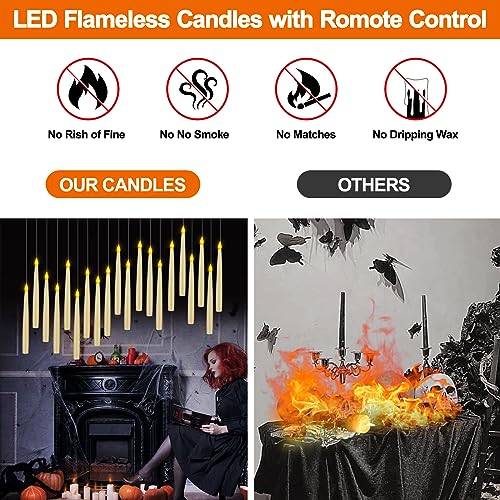 20Pack Halloween Decorations -Flameless Taper Floating Candles with Magic Wand Remote Flickering Warm Light LED Candles Hanging For Harry Potter Witch Wizard Christmas Room Birthday Party Home Décor