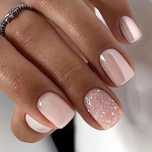 24Pcs Press on Nails Short, Nude Square Fake Nails Full Cover with Glitter Design Glossy Glue on Nails Artificial Coffin False Nails Supplies Charms Acrylic Nails Decoration for Women Daily Nail Art