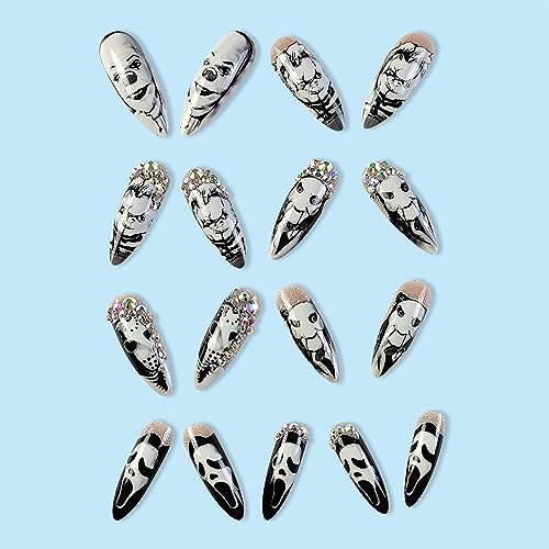 24Pcs Halloween Press on Nails Pointed Long Length, Acrylic False Nails with Ghost Clown Designs, Artificial Fake Nails for Day of The Dead, Holiday Fingernails False Glue Nails for Women