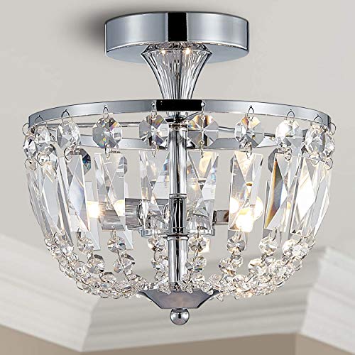 Bestier Modern Chrome Crystal Semi Flushmount Chandelier Lighting LED Ceiling Light Fixture Lamp for Dining Room Bathroom Bedroom Livingroom Diameter 9" Height 8.6"