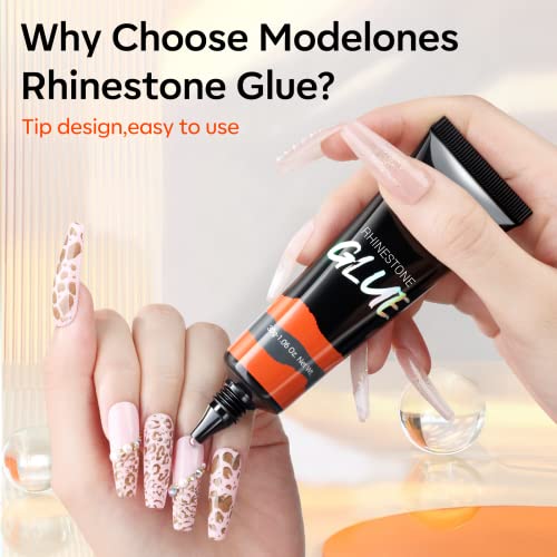 Modelones Rhinestone Glue for Nails, Gel Nail Glue for Rhinestones for Nails Super Adhesive NO Wipe Nail Gem Glue for Nail Crystals Beads Diamonds Sticker 3D Nail Gel 30ML Cured Need Beauty Gift