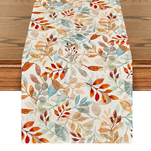 Artoid Mode Beige Eucalyptus Leaves Fall Table Runner, Seasonal Autumn Kitchen Dining Table Decoration for Outdoor Home Party 13x72 Inch