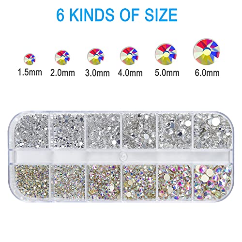 Nail Art Rhinestones Kit HUETFAT 2400pcs Nail Gems Ab Flatback Rhinestones Gems Stones, with Storage Organizer Box/Wax Pencil/Tweezers 6 Sizes (1.5-4.5 mm) for Nail Art Craft (2400pcs)