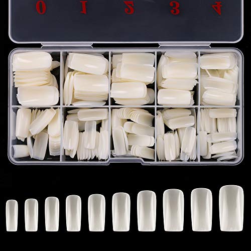 Full Cover Acrylic False Nail Tips, 500PCS Fake Nail Shape Artificial False Nails Tips 10 Sizes with Case for Nail Art Salons and Home DIY (Natural)