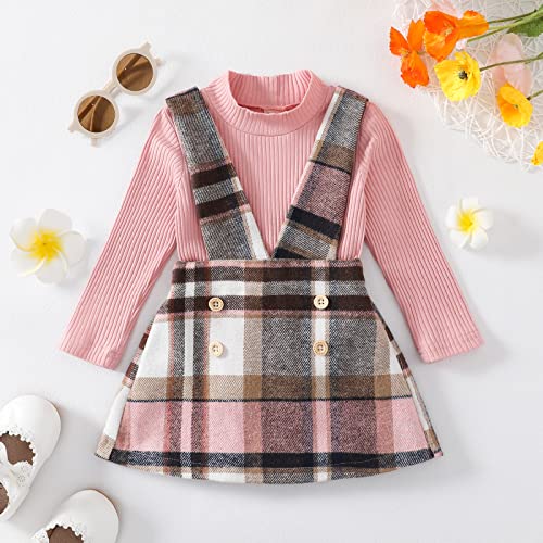 Baby Girls Fall Winter 2Pcs Outfit Sets Ribbed Long Sleeve Pullover Tops + Plaid Suspender Skirt 12 18 24M 2T 3T 4T 5T (A-Pink, 2-3 Years)