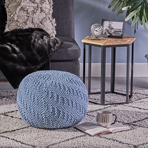 Christopher Knight Home Beryl Knitted Cotton Pouf, Teal, Blue