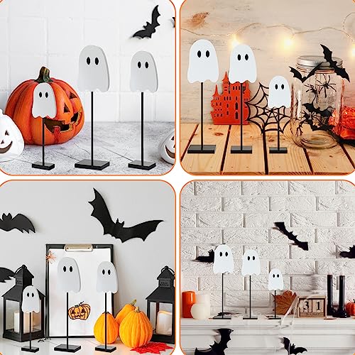 3 Pcs Halloween Standing Table Decor Wood Tiered Tray Table Decorations Ghost Cat Bat Candy Corn Table Centerpiece Tall Block Sign Set for Halloween Party Home (Ghost)