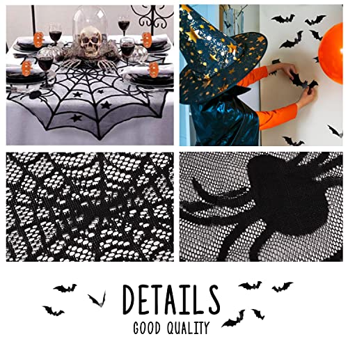Halloween Decorations Indoor Set , -Halloween Fireplace Mantel Scarf & Round Table Cover & Lace Table Runner &Halloween Banner & 60 pcs Scary 3D Bat for Halloween Party decorsr,Spooky Home Decor