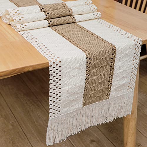 OurWarm Macrame Table Runner Farmhouse Style, Natural Burlap Boho Table Runner Modern Farmhouse Decor Rustic Woven Cotton Crochet Lace for Bohemian, Rustic,Bridal, Shower Wedding, Dinner, 72" x 12"