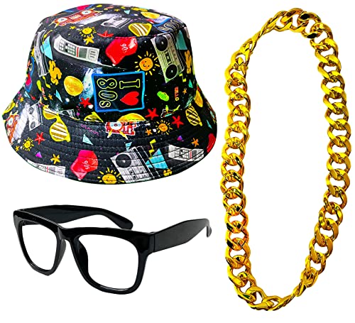 GCFIYPP 80s 90s Hip Hop Accessories Rapper Costume Reversible Bucket Hat Sunglasses Gold Plated Chain for Men Women (Black printing)