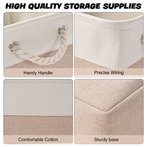 Storage Bins 3 Pack, Fabric Storage Basket for Collapsible Large Canvas Storage Baskets for Organizing Shelf Nursery Home Closet with Cotton Rope Handle 15(L) x 11(W) x 9.5(H) inch(White&Khaki-3PCS)