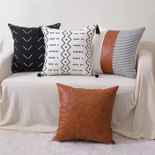 Learife Boho Pillow Covers 18 * 18 Inch Set of 4 Modern Neutral Striped Geometric Faux Leather Farmhouse Pillow Covers for Sofa, Bed, Home Decor (Multi 4pc)