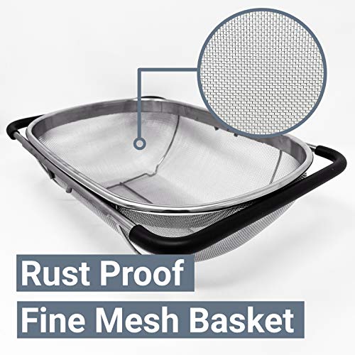 Makerstep Premium Quality Over the Sink Colander Strainer Basket Stainless Steel, For Kitchen Sink with Rubber Grip, Fine Mesh, Large Kitchen Gadgets Tools, Expandable Home Kitchen Essentials