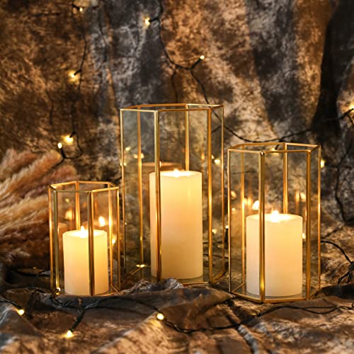 Glass Hurricane Candle Holder, Set of 3 Large Clear Hexagon Lanterns Pillar Candle Lantern with Gold Metal Frame Wedding Centerpiece Table Decor Home Decorations