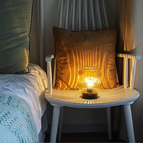 LUSHARBOR Battery Operated Lamp, Cordless Table Lamps for Home Decor, Battery Powered Nightlight with LED Bulb, Decorative Glass Beside Lamp for Bedroom Living Room-Gold