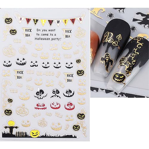 ANDGING Halloween Nail Stickers for Nail Art with 3D Gold Ghost Spider Web Bat Skull Pumpkin Design 7 Sheets Halloween Nail Decals Black Horror Self Adhesive Nail Sticker for Nail Art Decoration