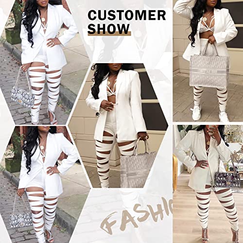 Women 2 Piece Outfits Sexy Long Sleeve A Buckle Blazer Jackets with Ripped Holes Leggings Two Piece Set White