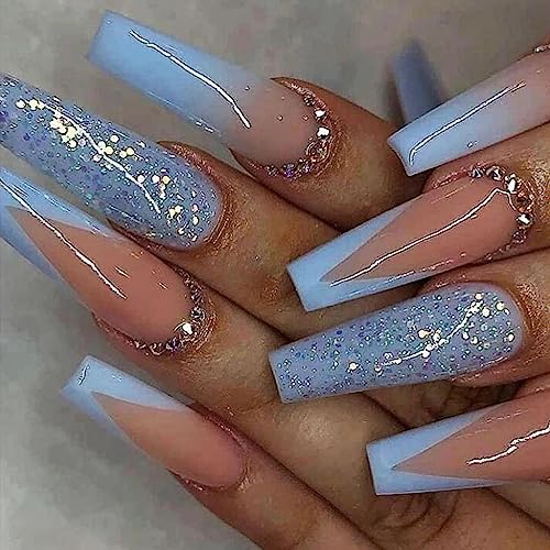 MISUD Long Coffin Press on Nails Ballerina Fake Nails Glossy Glue on Nails Blue French Tip Acrylic Nails Bling Glitter Artificial Nails 3D Rhinestone Stick on False Nails with Gradient Design 24 pcs