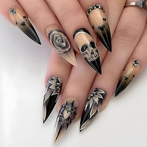 Halloween Press on Nails Medium Dark Black Punk Acrylic Full Cover Halloween Fake Nails Skull Rose Glossy Glue on Nails with Black Heart Rhinestone Y2K Stiletto Nails Halloween Nails for Women & Girls