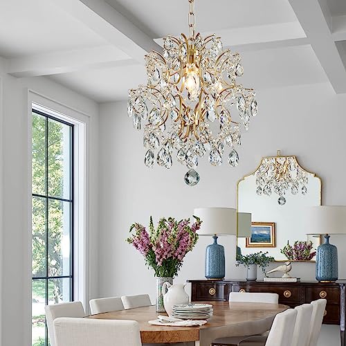 Bestier Gold Modern Pendant Chandelier Crystal Raindrop Lighting Ceiling Light Fixture Lamp for Dining Room Bathroom Bedroom Livingroom entryway 1 E26 Bulbs Required D13 in x H16 in