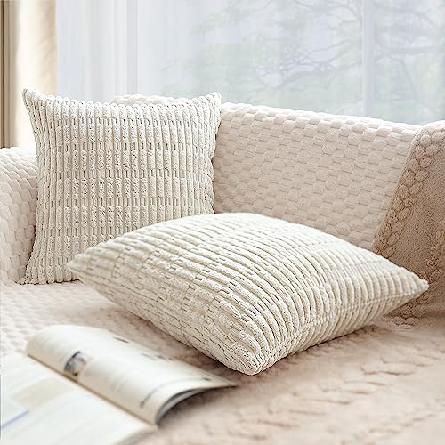 Henzxi Pack of 2 Corduroy Decorative Throw Pillow Covers 18x18 Inch Soft Striped Square Boho Pillow Covers Modern Farmhouse Home Decor for Sofa Living Room Couch Bed Cream White