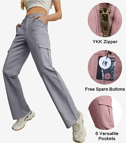 Women 6 Pockets High Waisted Cargo Pants Wide Leg Casual Pants Combat Military Trouser Blue Grey