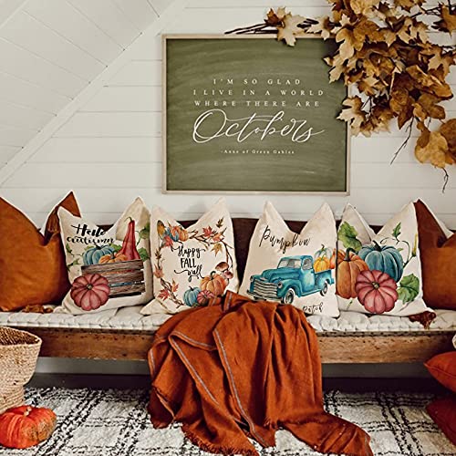 ZWJD Fall Pillow Covers 18x18 Set of 4 Pumpkin Truck Fall Decorations Pillow Covers Thanksgiving Autumn Theme Fall Decor Grateful Thanksgiving Cushion Cover 18 X 18Inches