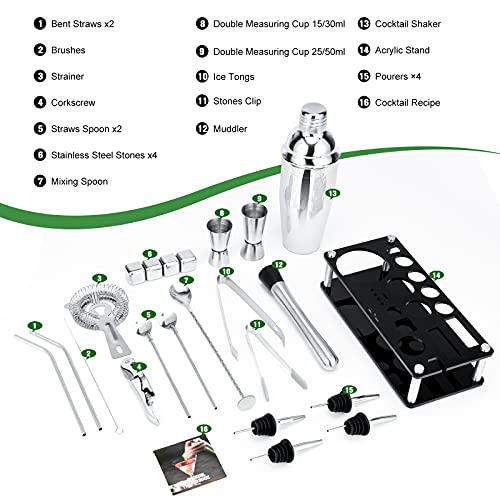 Cocktail Shaker Set, 23-Piece Stainless Steel Bartender Kit with Acrylic Stand & Cocktail Recipes Booklet, Professional Bar Tools for Drink Mixing, Home, Bar, Party (Include 4 Whiskey Stones)