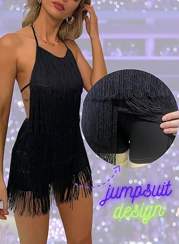 Sexy Backless Fringe Dress Jumpsuit - Womens Club Boho Tassel Tiered Halter Playsuit Festival Bodysuit Romper(Black,M,1074a)