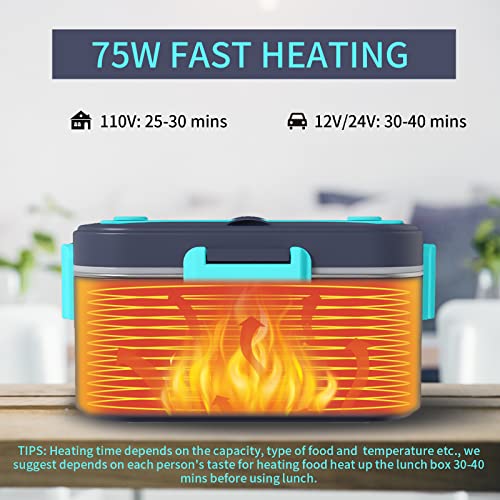 Electric Lunch Box Food Heater, 2 in 1 Portable Food Warmer Lunch Box 1.8L for Truckers Home Work Adults, Leakproof Removable Stainless Steel Container, 12V 24V 110V 75W Faster Heating