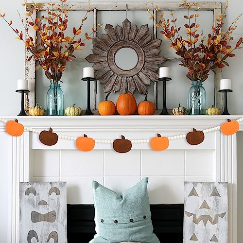 DAZONGE Fall Decorations for Home, Fall Decor, Felt Pumpkin Garland and Wood Bead for Mantle Wall Decor, Farmhouse Fall/Thanksgiving Decorations