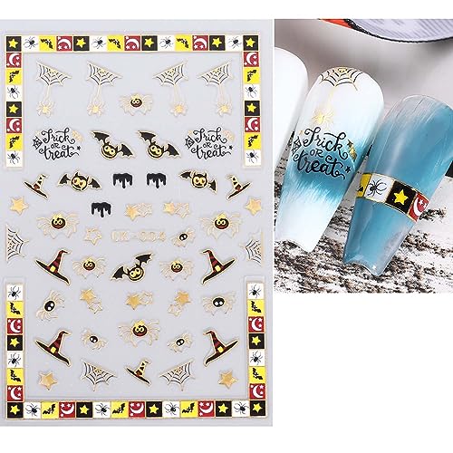 ANDGING Halloween Nail Stickers for Nail Art with 3D Gold Ghost Spider Web Bat Skull Pumpkin Design 7 Sheets Halloween Nail Decals Black Horror Self Adhesive Nail Sticker for Nail Art Decoration