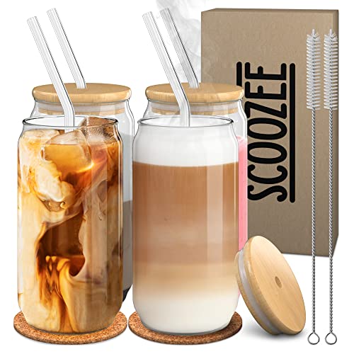 Scoozee Glass Cups with Lids and Straws, Set of 4 18 oz | Iced Coffee Cup with Bamboo Lid and Glass Straw | Aesthetic Ice Coffee Glasses Drinking Set for Home Essentials Housewarming Gift