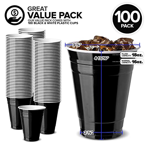 Stock Your Home Black Plastic Cups Disposable, 16oz (100 Count) Heavy-Duty, Large Party Cup Pack Bulk Pack for Drinking Punch, Soda, Wine, Beer, 4th of July, Halloween