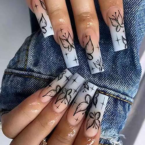 Hkanlre Fake Nails Long Coffin Butterfly Press on Nails Matte Acrylic Full Cover Ballerina False Nails for Women and Girls 24PCS