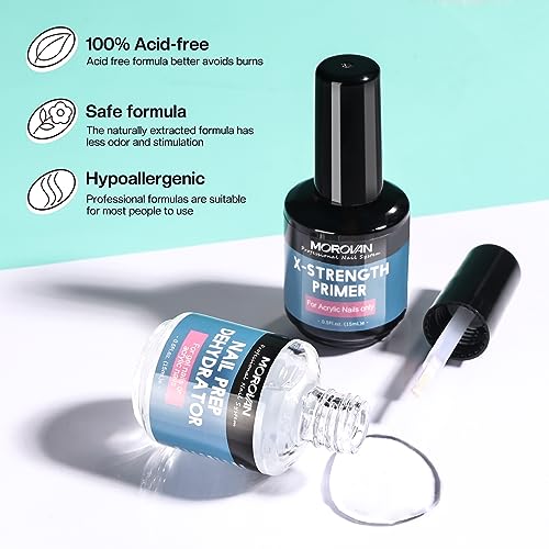 Morovan Nail Prep Dehydrator and Nail Primer X-strength, No Burn Non Acid Nail Primer and Dehydrator for Acrylic Powder Fast Dry 0.5oz Nail Primer Set