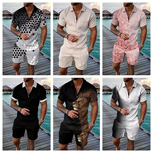 Size M Beige Mens Short Sets 2 Piece Outfits Polo Shirt Fashion Summer Tracksuits Casual Short Sleeve and Shorts Set