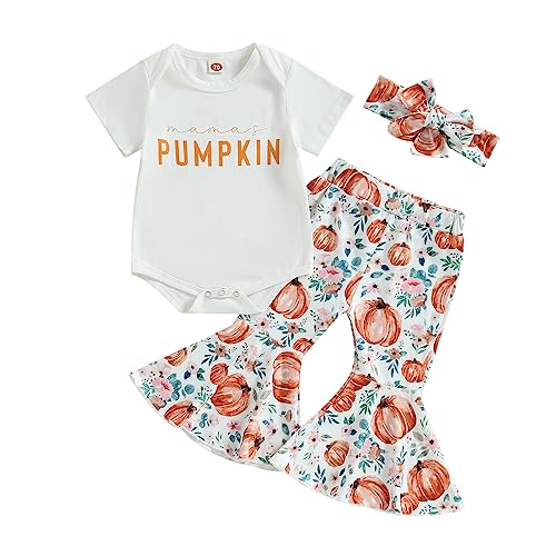 PUHHAPIEY Newborn Baby Girl Fall Clothes Short Sleeve Romper Flared Pants Headband Bell-Bottoms Set Pumpkin Halloween Outfit (Short Sleeve White, 6-12 Months)