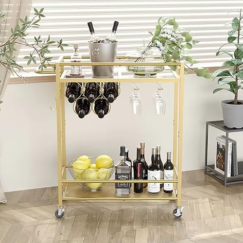 Bar Cart, 2-Tier Kitchen Cart with Wine Rack and Glass Holder, Gold Serving Cart with Wine Rack and Glass Holder, Rolling Serving Cart for Kitchen, Dining Room, Club, Bar, Living Room, Party, Gold