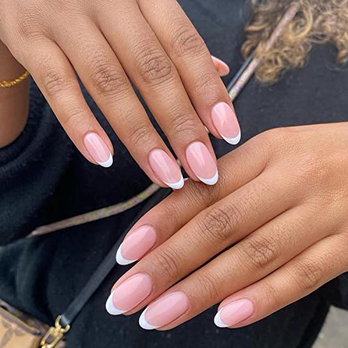 French Tip Medium Press on Nails Almond Shaped Fake Nails Nude of White Nail Tip Acrylic Nails Glossy Artificial Nails Summer Stick on Nails Full Cover Glue on Nails for Women 24Pcs