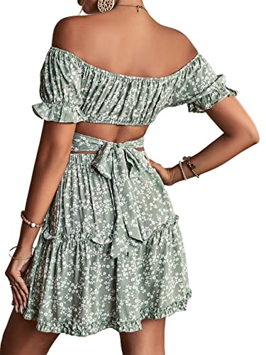 LYANER Women's 2 Piece Outfits Floral Off Shoulder Tie Up Crop Top and Mini Skirt Set Green Large