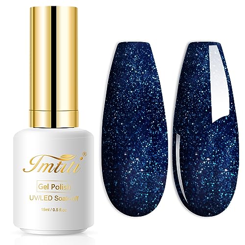 Imtiti Glitter Blue Gel Nail Polish, 1 Pcs 0.5 fl oz Sparkly navy blue gel nail polish Color Soak Off Gel Polish Nail Art Manicure Salon DIY Nail Lamp Gel Nail Design Christmas Halloween Decoration