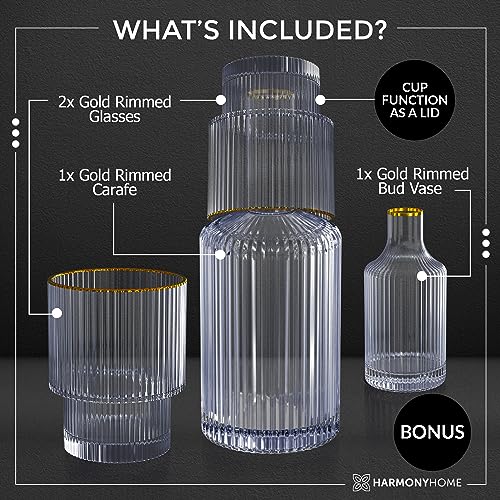 Harmony Home Bedside Water Carafe And Glass Set - 4 Piece Hand Crafted Fluted Borosilicate Glass w/Gold Rim & BONUS Bud Vase| Bedside Carafe |Carafe w/Cup| Carafe Bedside |Bedside Water Decanter
