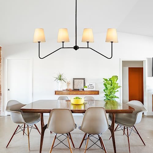 4-Light Linear Chandeliers for Dining Room, 43.3'' Black Kitchen Island Lighting, Modern Classic Pendant Lighting Fixture with White Linen Shades for Dining Room Living Room Kitchen Island (E12 Base)