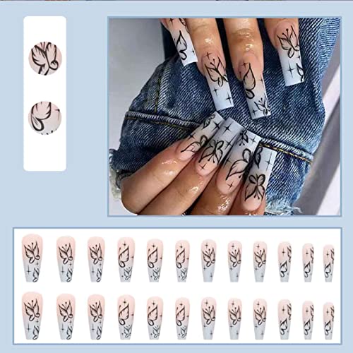 Hkanlre Fake Nails Long Coffin Butterfly Press on Nails Matte Acrylic Full Cover Ballerina False Nails for Women and Girls 24PCS