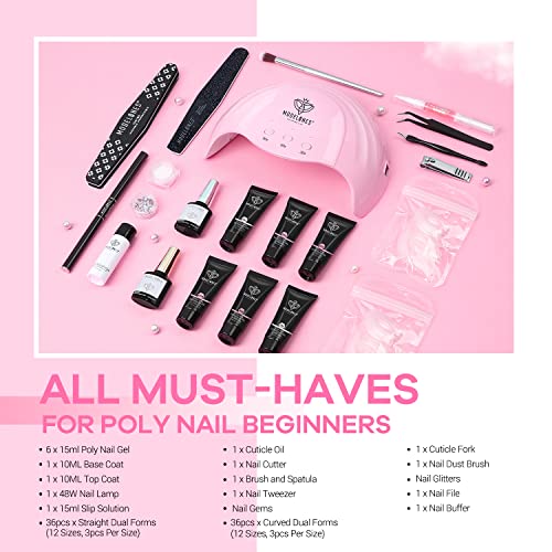 Modelones Poly Nail Gel Kit - 6 Colors with 48W Nail Lamp Poly Extension Gel Clear Pink Nude White Builder Nail kits with Slip Solution Glitter All In One Nail Kit for Starter Nail Art Supplies Kit