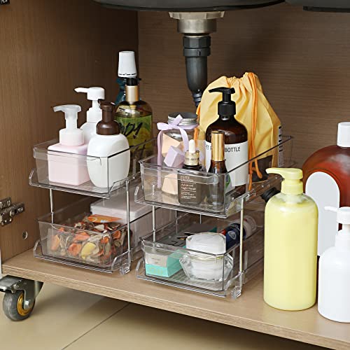 2 Set, 2 Tier Large (8.5" Wide) Clear Organizer with Dividers, MultiUse Slide-Out Storage Container - Kitchen, Pantry, Medicine Cabinet Storage Bins, Bathroom, Vanity Counter, Under Sink Organizing