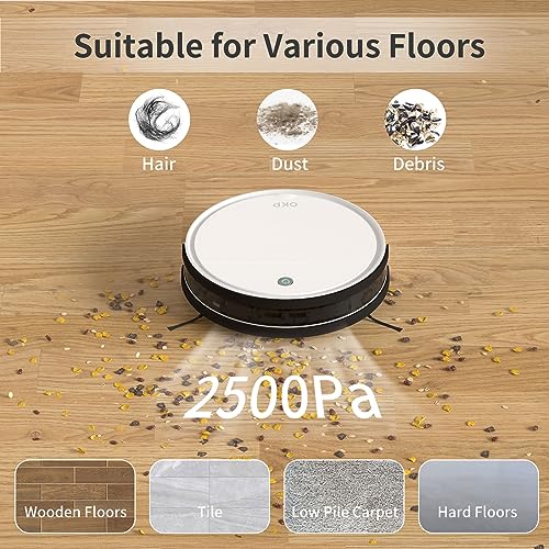 OKP Robotic Vacuum Cleaner, WiFi/App/Alexa, Robot Vacuum Cleaner with Schedule, Efficient Filtration System, Self-Charging, Slim Design, Quiet, Perfect for Hard Floors, Pet Hair, Carpets