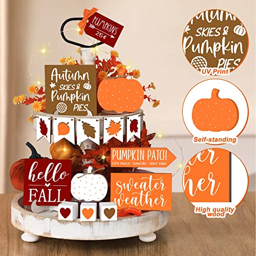 15 Pcs Fall Tiered Tray Decor Set Hello Fall Decor Autumn Wood Signs Thanksgiving Orange Brown Table Signs Wooden Maple Pumpkin Garland Football for Festival (Autumn)